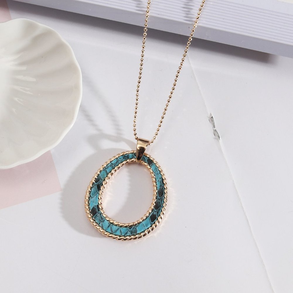 Vegan Leather Blue Snakeskin Gold Bead Chain Pendant Necklace